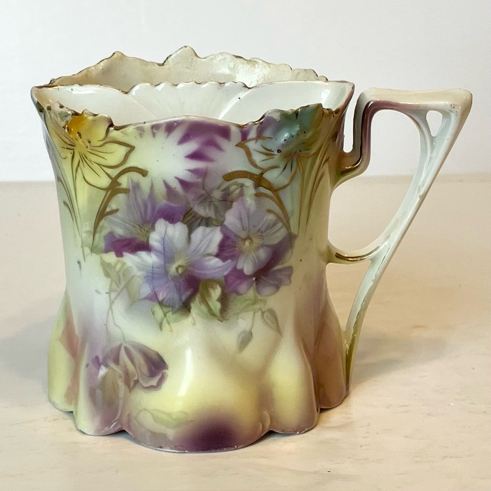 VTG Lavender Floral Hand-Painted Porcelain Mustache Mug Cup Collectible